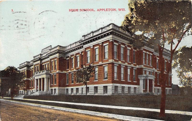 Appleton Wisconsin~High School Building~Note on Back~1909 Postcard