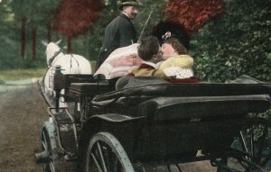 Vintage Postcard Romantic Couple Lovers Kissing Scene Ride in Horse Carriage