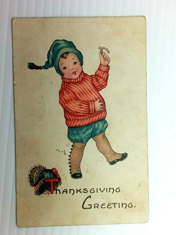 Vintage Postcard 1910's Thanksgiving Greeting Turkey & Young Boy with Wish Bone