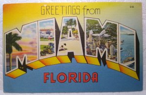 Greetings From Miami Florida Large Letter Linen Postcard Tichnor 1952 Airplane