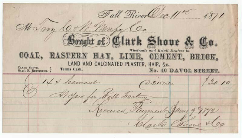 1871 Billhead, CLARK SHOVE & CO.,  COAL, Hay, Lime, Cement, etc., Fall River, MA