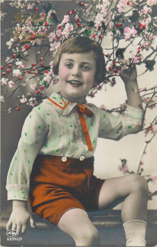 Vintage tinted photo postcard Pentecost greetings blossom charming girl 