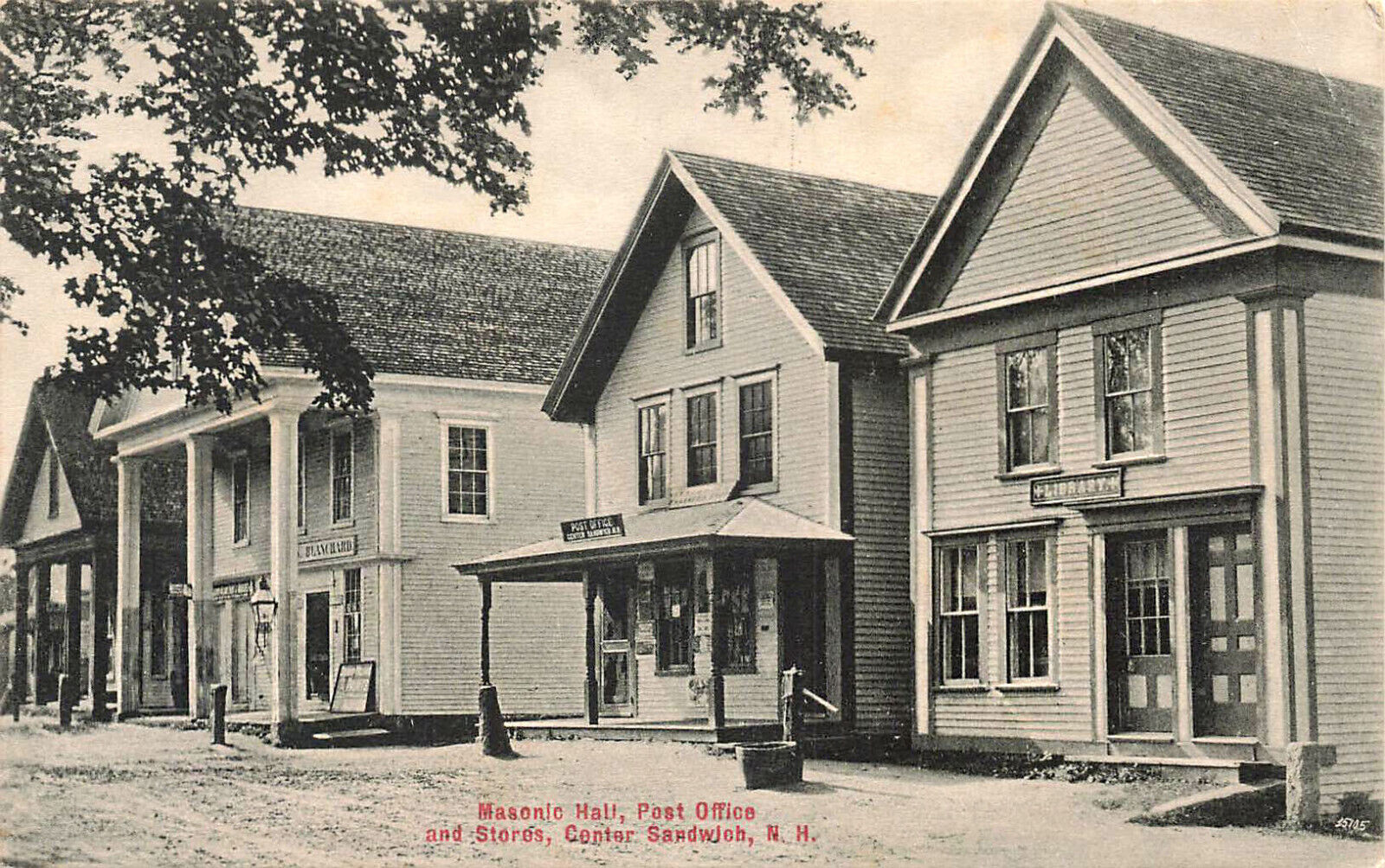Sandwich NH Masonic Hall Post Office & Stores Water Pump, Postcard