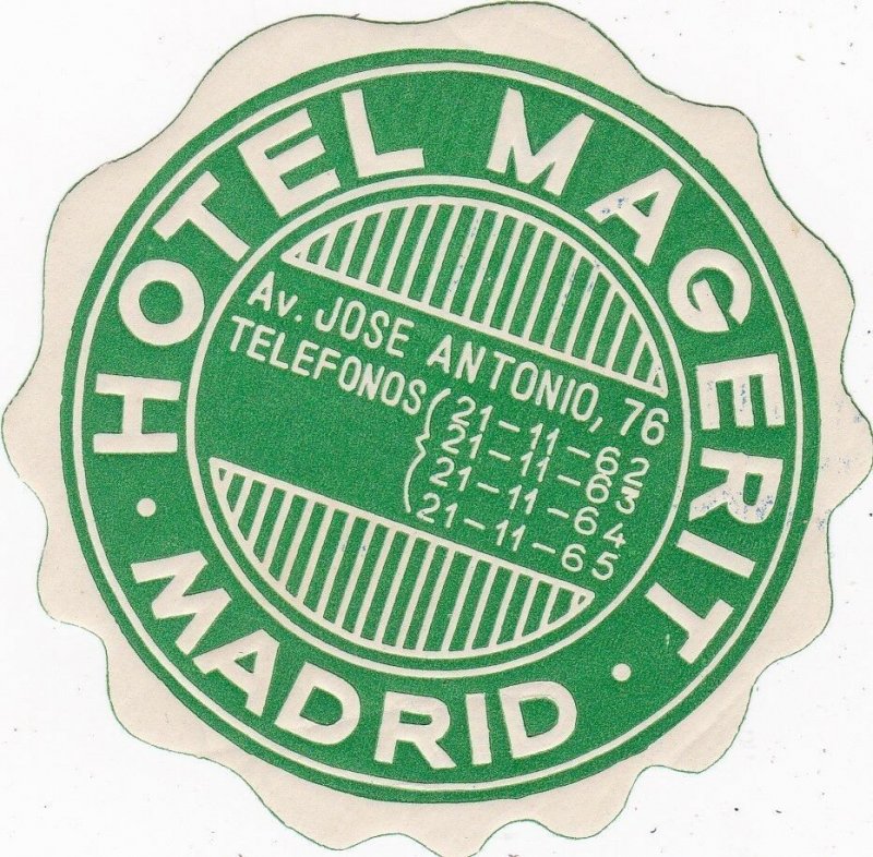 Spain Madrid Hotel Magerit Vintage Luggage Label sk4493