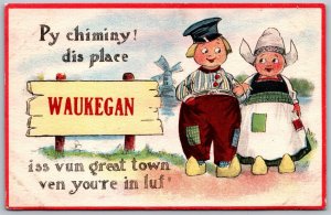 Vtg Comic Dutch Couple Iss Vun Great Town Waukegan Illinois IL 1910s Postcard