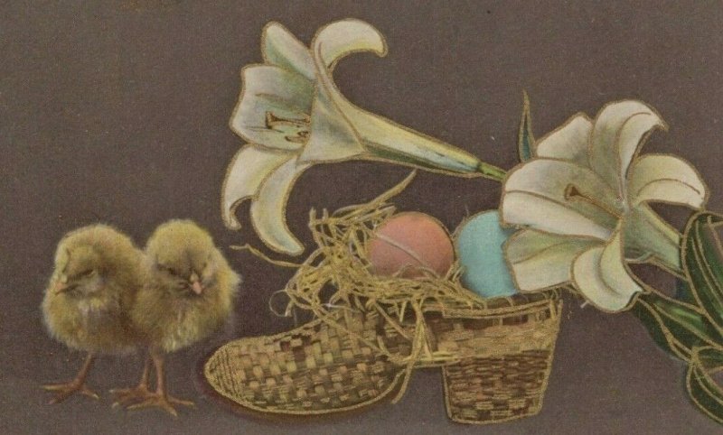 Easter Greetings chicks shoe lilies gold gilt 1909 Germany postcard G155 