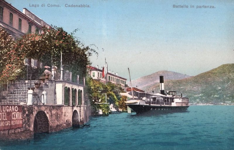 Lugano Hotel Central Ship Cadenabbia At Advertising Waterfront Italy Postcard