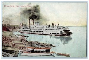 c1910 River Front Shoreline File Logs Steamboat Burlington Iowa Antique Postcard