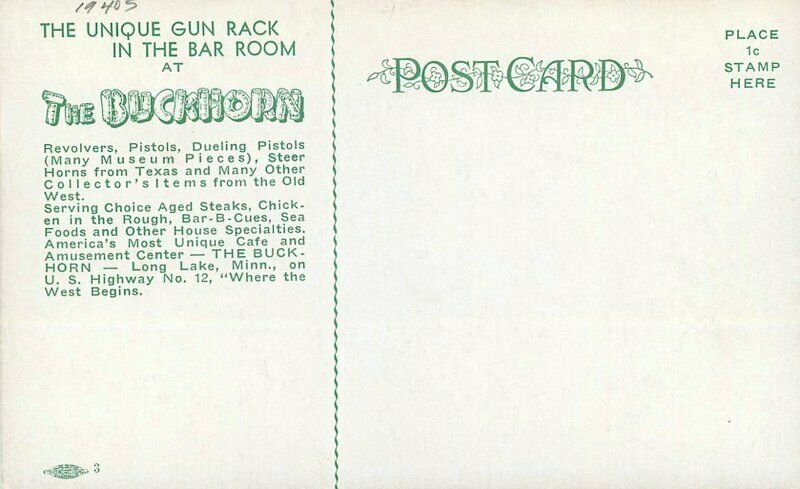 Buckhorn Unique Gun Rack Bar Room Postcard unique Minnesota 12229