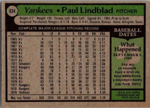 1979 Topps Baseball Card Paul Lindblad New York Yankees