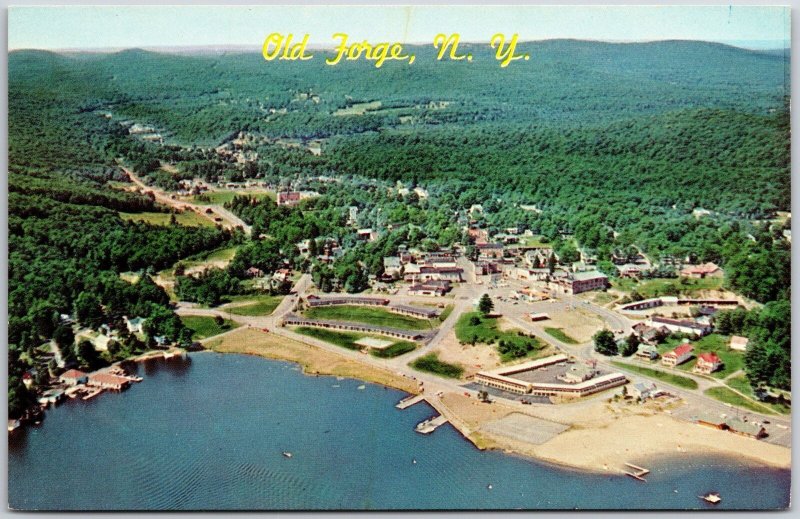 Old Forge New York Aerial View Looking Southwest Shows Public Beach Postcard