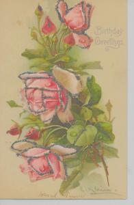  Birthday Greetings pink roses by C Klein glittered antique pc Z14570 