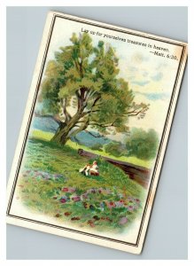 Vintage 1880's Victorian Trade Card Child in Meadow Biblical Quote Matthew 6:20