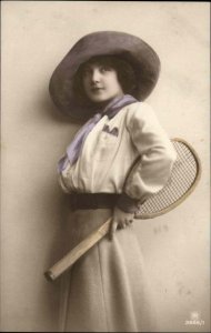 Beautiful Woman with Tennis Racket Carlton Pub Tinted RPPC 3988/1 PC