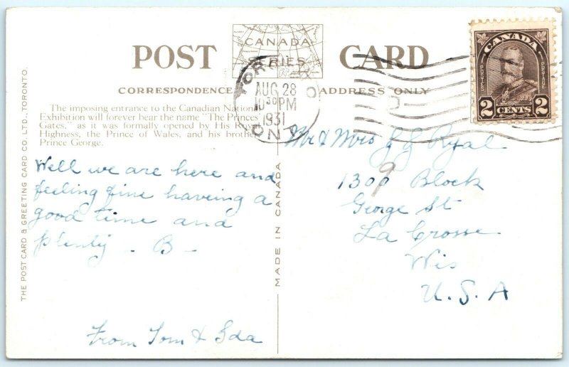 1931 Princes' Gates - Canadian National Exhibition - Toronto, Can. Postcard A24