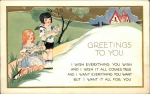 Greeting Children Daisies House Poem Gilt Embossed c1900s-10s Postcard