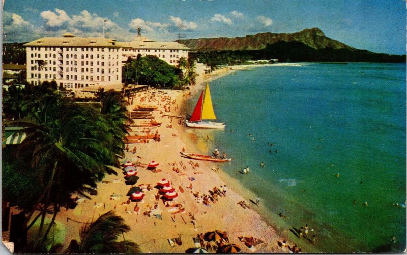 Waikiki Beach Moana Hotel Honolulu Hawaii Ocean Chrome Cancel WOB Postcard 