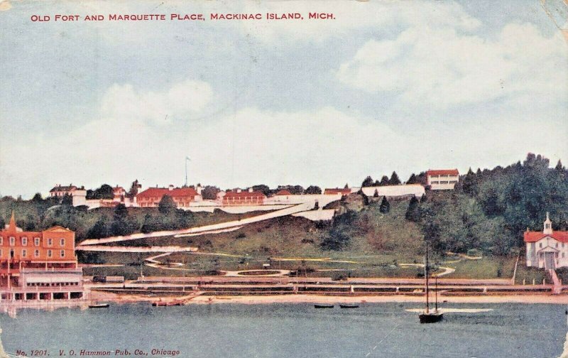 MACKINAC ISLAND MI~OLD FORT & MARQUETTE PLACE-1917 POSTCARD