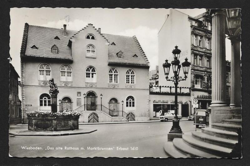 Old Town Hall & Fountain Wiesbaden Germany RPPC used c1955