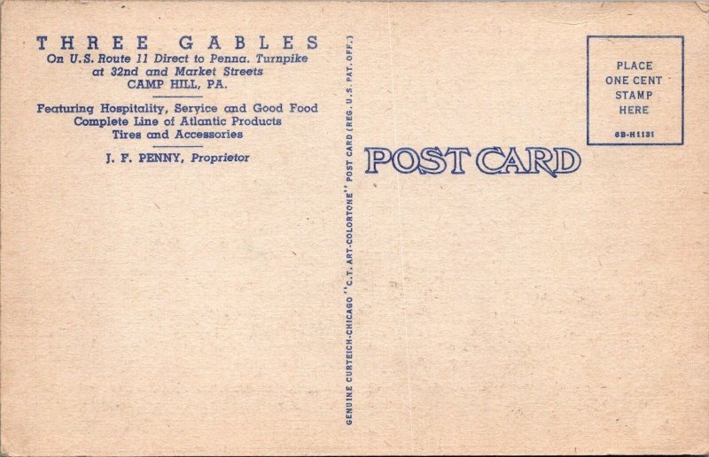 Postcard Three Gables Service Station and Restaurant Camp Hill PA