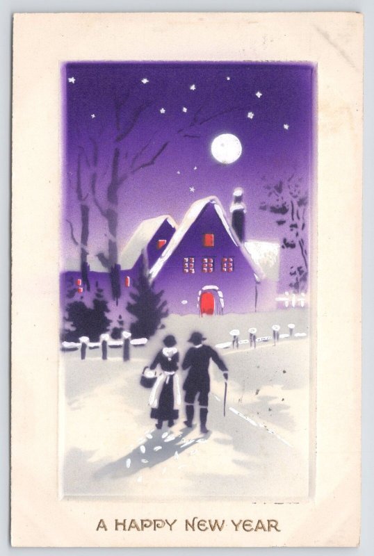 New Year~Purple Air Brush Night Scene~Couple In Silhouette~IAPC~1914 Postcard 