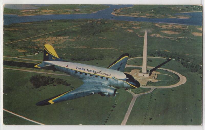 TTA Trans Texas Airways DC-3 Starliner San Jacinto Monument Aircraft Postcard