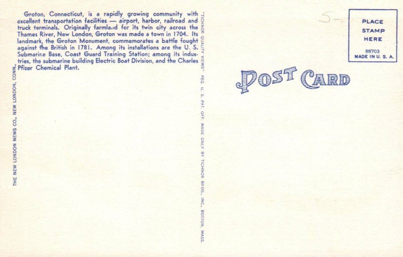 Large Letter GROTON CONNECTICUT Near Mint Tichnor Postcard AB