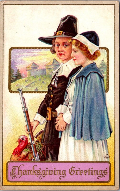 Thanksgiving Postcard Pilgrim Couple with Rifle and Turkey
