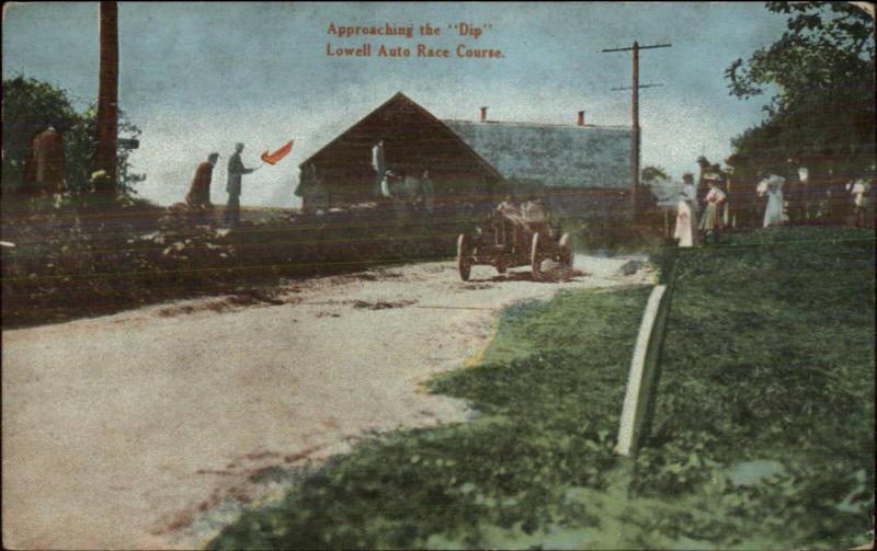 Lowell MA Auto Car Racing Approaching the Dip c1910 Postcard