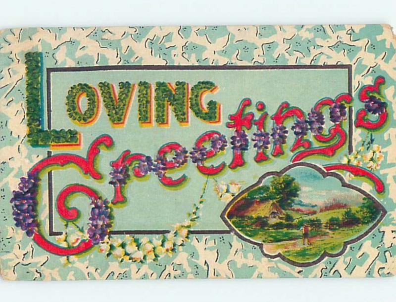 Pre-Linen LOVING GREETINGS - WRITTEN IN BIG LETTERS WITH FLOWERS HL5768