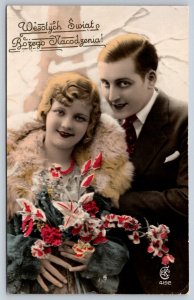 Happy Holidays, Couple, European Glamour, Tinted Polish CEKO Postcard, RPPC