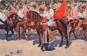 Czech Art Postcard Joža Uprka, Jizda králů, Parade of Men on Horses w/ Flags