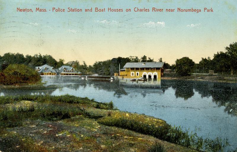 MA - Newton. Police Station and Boat Houses on Charles River near Norumbega Park