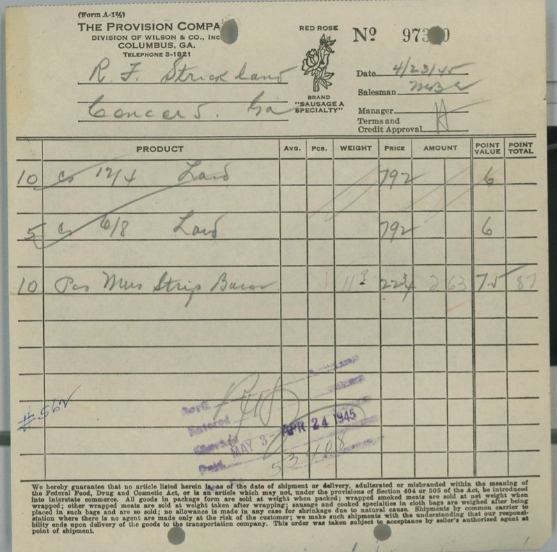1945 The Provision Company Columbus GA Red Rose Sausage Bacon Lard Invoice 318 