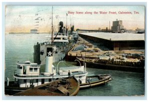 1908 Busy Scene Along The Water Front Galveston Texas TX Antique Postcard 