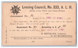 1886 Lessing Council No.333 A.L.H. Hoboken New Jersey NJ Posted Postal Card