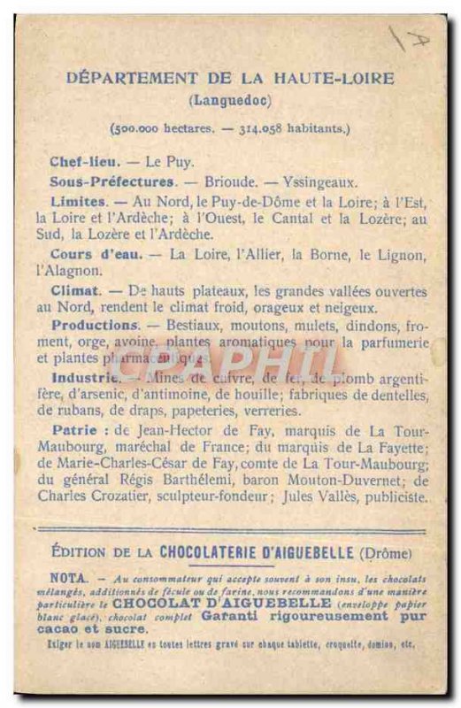 Postcard Old MAPS Chocolaterie d & # 39Aiguebelle Upper Loire Saitn Michel Le...