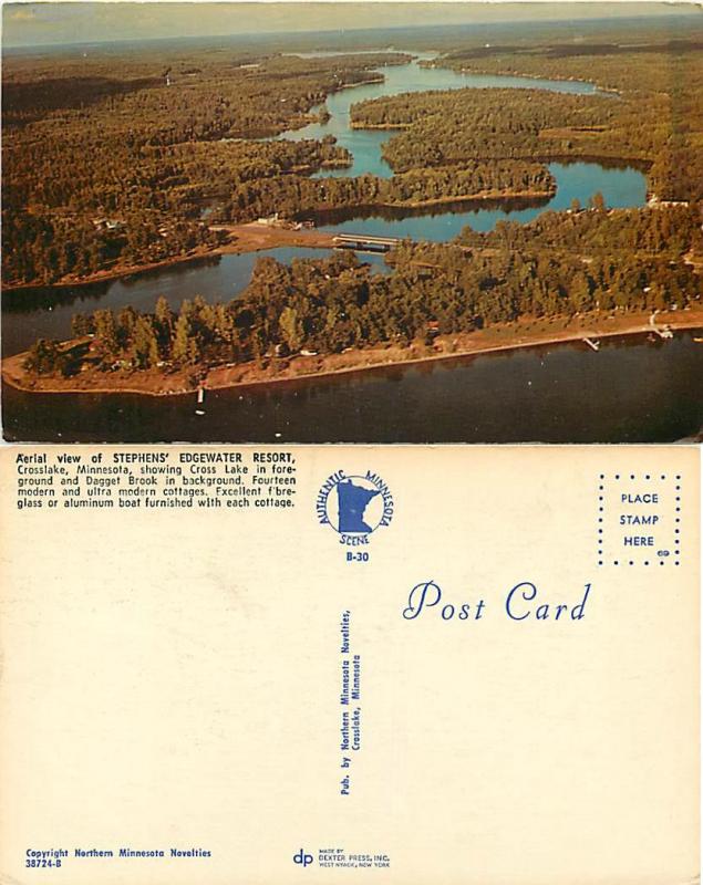 Air view of Stephens' Edgewater Resort, Crosslake, Minnesota, MN, Chrome