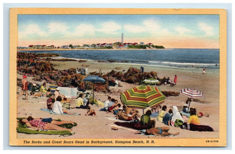 1956 Hampton Beach NH Postcard The Rocks and Great Boars Head People Sunbathing