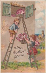 Birthday Young Children Climbing Ladder Delivering Flowers 1910