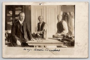 Norwegian Tailors RPPC Handsome Men In Sewing Room Shears Iron Postcard S24
