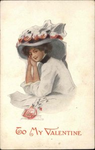 Valentine Beautiful Woman in Fashionable Hat with Roses c1910 Vintage Postcard