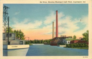 1939 Eel River, Showing Municipal Light Plant, Logansport, Indiana Vtg Postcard