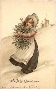 Nister Christmas Pretty Little Dutch Girl Gatheirng Mistletoe c1910 Postcard