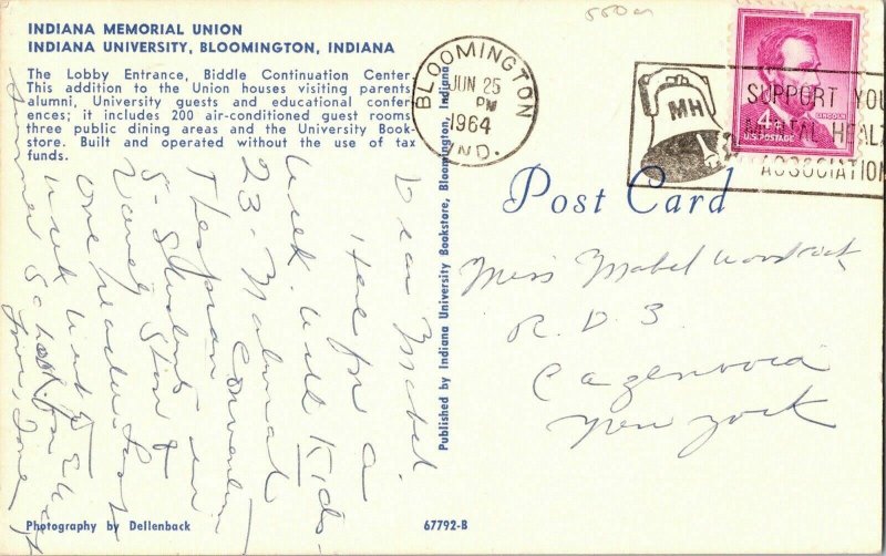 Indiana Memorial Union Bloomington Indiana Cancel 4c Stamp Vintage Postcard PM 