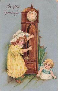 Vintage 1911 New Year Greetings Postcard with Children & Grandfather Clock
