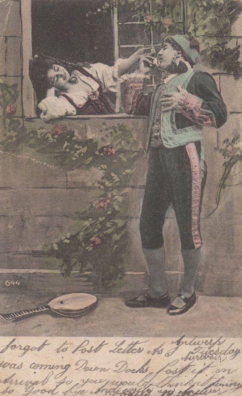 German Banjo Musician Player At Window Old Love Greetings Postcard