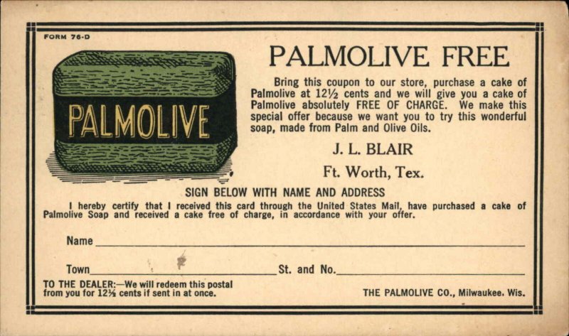 Palmolive Soap JL Blair Ft. Worth TX 1917 Used Fort Worth Postcard
