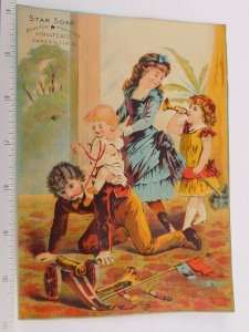 1870s-1880s Schultz & Co's Star Soap Children Playing Toy Cannon Flag Bugle #C