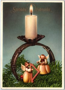 VINTAGE CONTINENTAL SIZE POSTCARD MERRY CHRISTMAS ANGELS HARP EAST GERMANY 1954